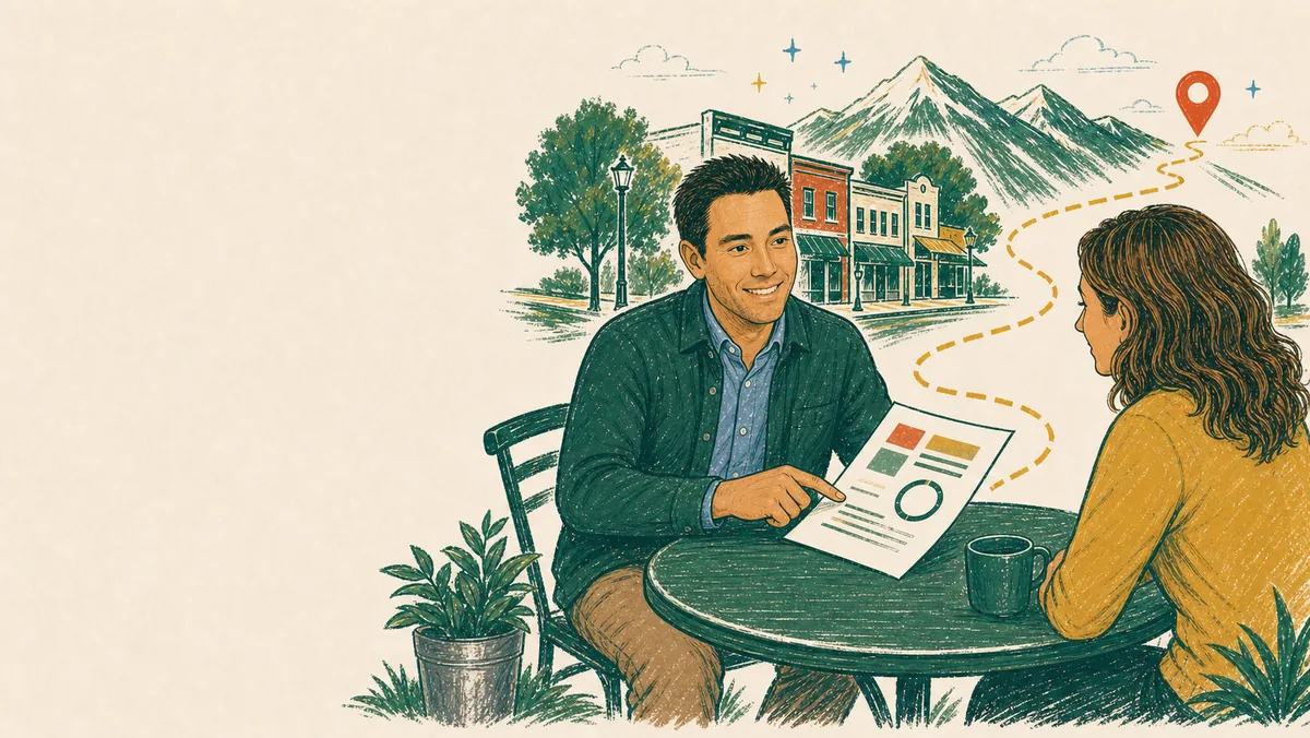 Hand-drawn illustration of Zach Bailey meeting directly with a local business owner in downtown Littleton