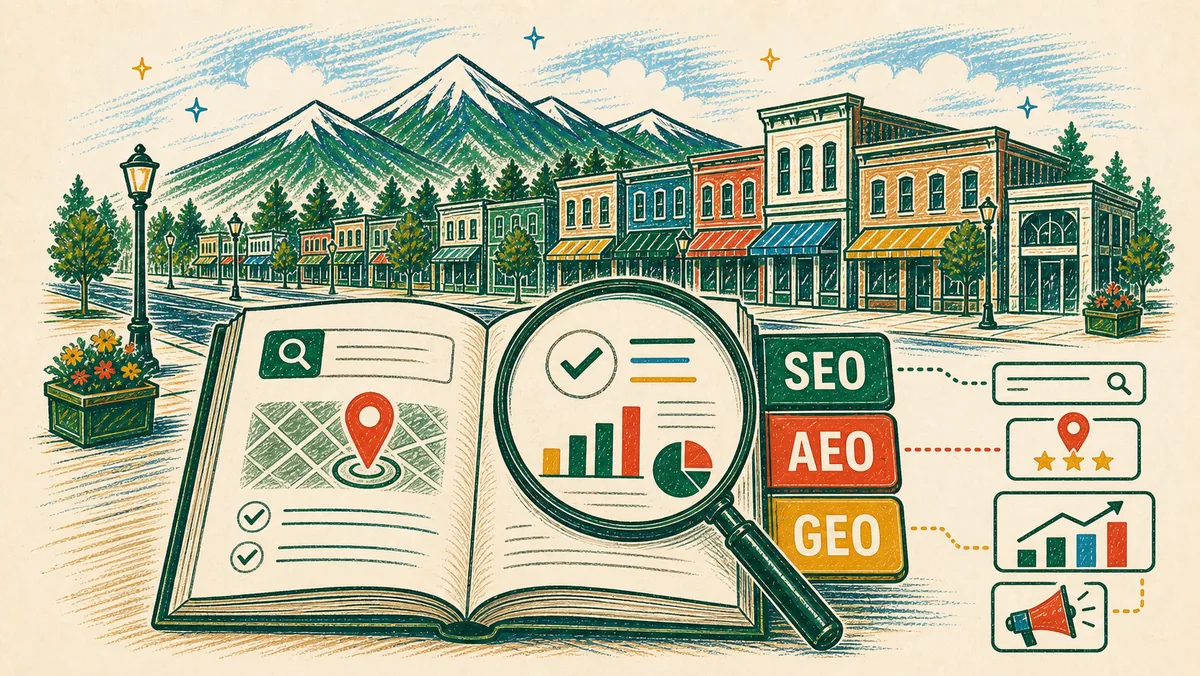 Illustrated local marketing field guide with SEO, AEO, and GEO tabs in downtown Littleton