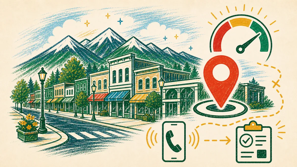 Illustration of Littleton storefronts leading from local search visibility to phone calls and booked jobs
