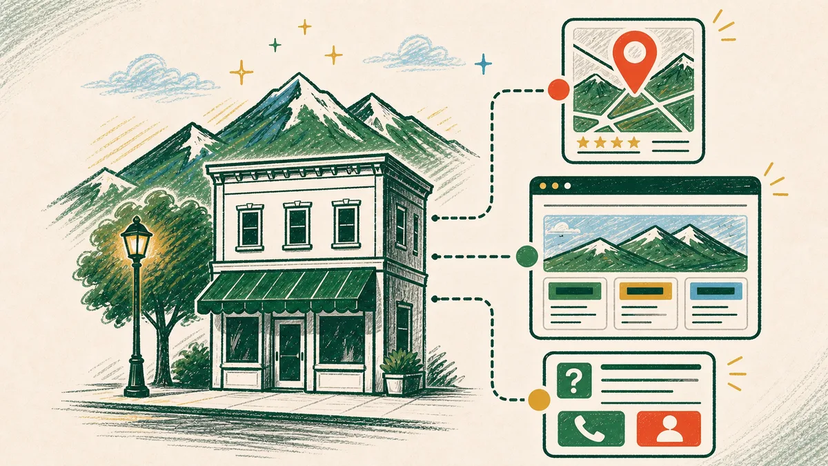 Illustration connecting a Littleton storefront to map visibility, a website, and customer inquiries